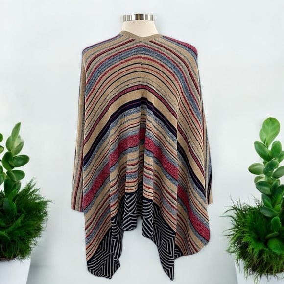 Janice Women’s Multi-Color Geometric Stripe Lace-Up Detail Poncho - Picture 14 of 16